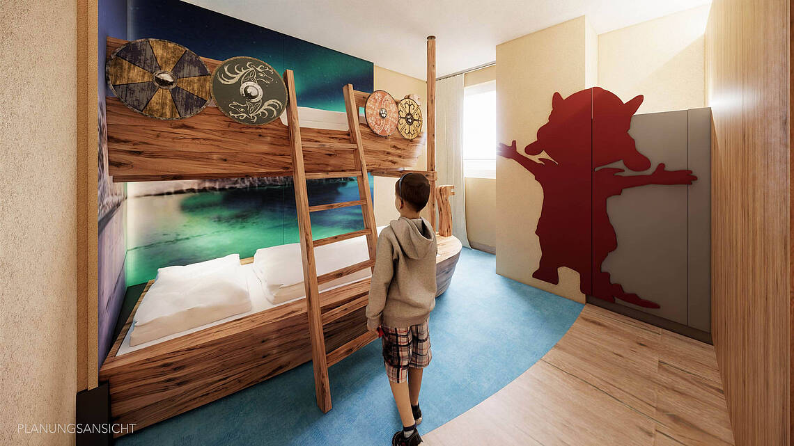 Hochbett im Wikingerambiente in der Familiensuite