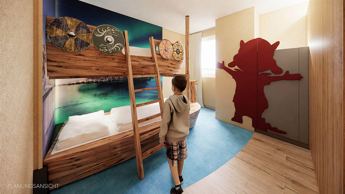 Hochbett im Wikingerambiente in der Familiensuite